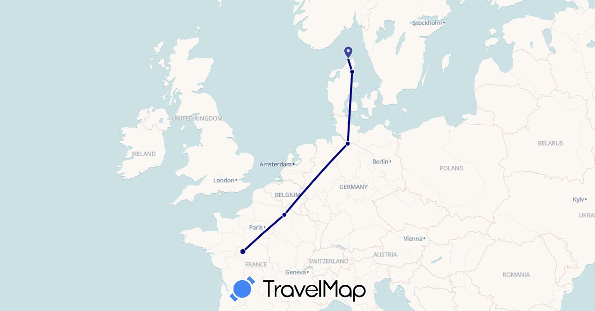 TravelMap itinerary: driving in Germany, Denmark, France (Europe)